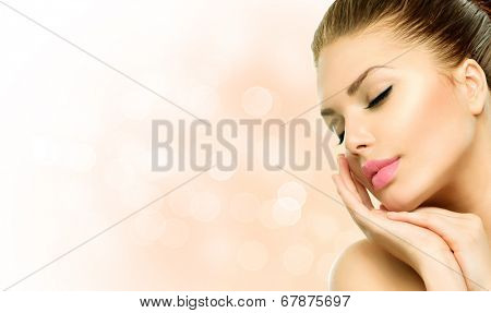 Beauty Spa Woman Portrait. Beautiful Girl Touching her Face. Isolated on white background. Close eyes. Soft skin. Skincare concept 