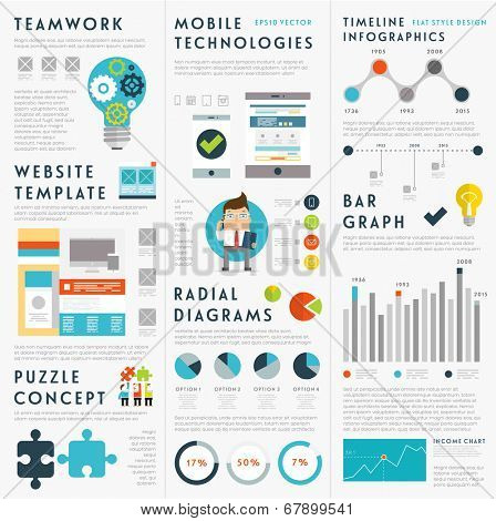 Set of Infographic Elements. Business Icons, Idea Concept. Teamwork and Mobile Technologies Elements. Charts and Diagrams, Puzzle Pieces and Web Site Templates