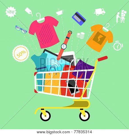 Online shopping cart with goods concept