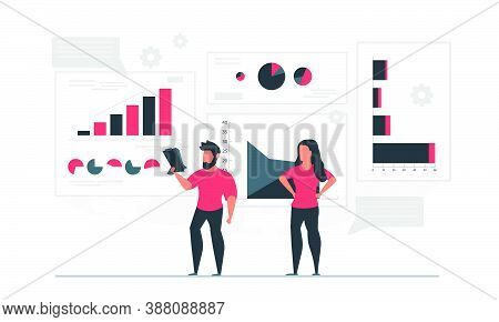 The Data Inform The Man With The Notebook And The Woman. People Analyze Graphs And Compile Statistic