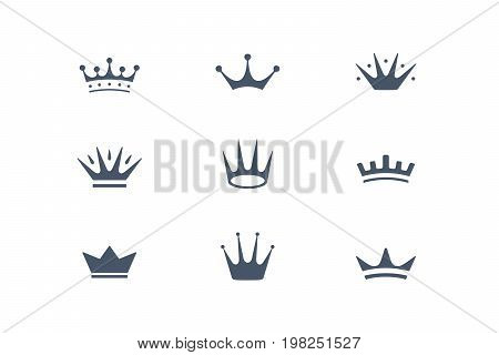 Set of royal crowns, icons and logos. Isolated luxury logo for branding, label, hotel, graphic design. Collection logos of crowns for royal persons, king, queen, princess. Vector Illustration