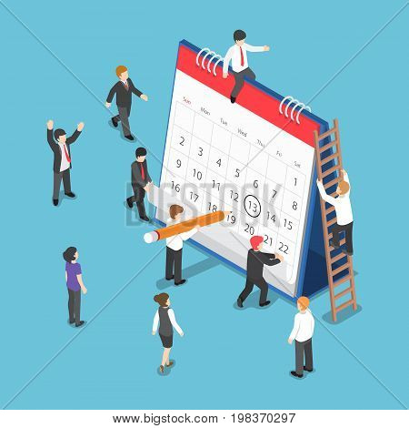 Isometric Business People Scheduling Operation On Desk Calendar