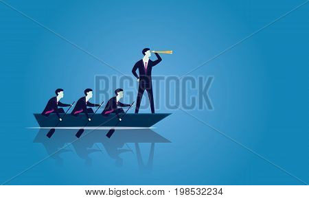 Vector illustration. Business teamwork leadership concept. Businessmen working in team Group of people rowing boat together moving forward. Leader looking for success with telescope visionary motivating his team