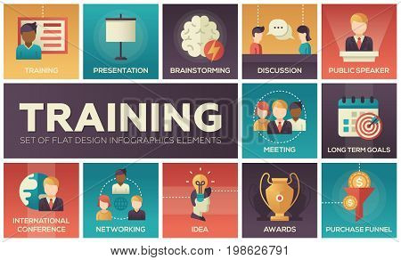 Business training - modern vector flat design icons and pictograms set. Presentation, meeting, discussion, goals, conference, speaker, brainstorming, awards, idea, networking, purchase, funnel