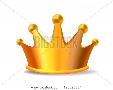 Realistic vector illustration of shiny golden metal king crown isolated on white background. Royal crown award for winner, leadership, champion. 3d design of gold crown