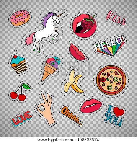 Funny quirky colorful food stickers set with pizza, cherry, ice cream and words. Vector patches and badges isolated on transparent background