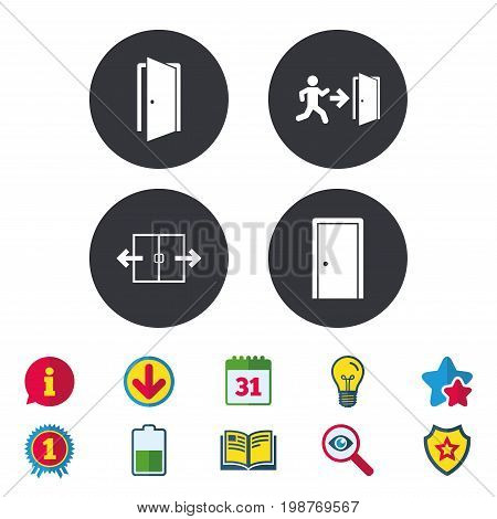 Automatic door icon. Emergency exit with human figure and arrow symbols. Fire exit signs. Calendar, Information and Download signs. Stars, Award and Book icons. Light bulb, Shield and Search. Vector