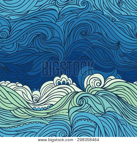 Seamless Waves Pattern. Abstract Water Background With Curly Hand-drawn Waves. Blue Tide Vector Back