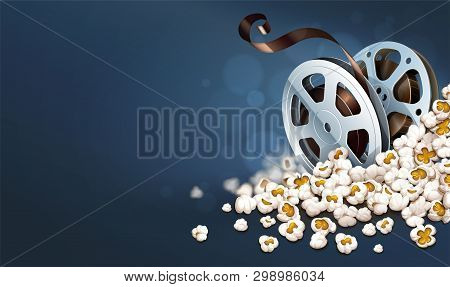 Cinematograpy Film-reel Discs In Popcorn. Online Movies Retro Banner Template Poster Concept, Copysp