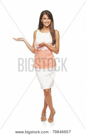 Woman showing blank copy space