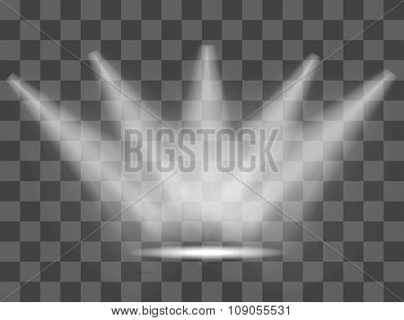 Realistic white gray glowing spotlights on transparent laid background