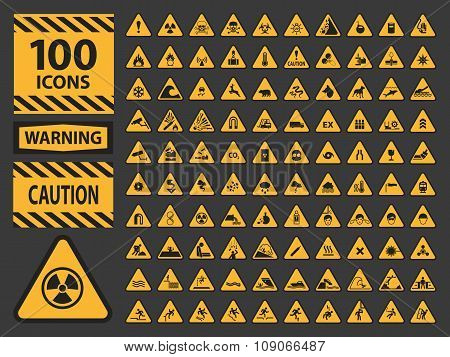 Vector icn set triangle yellow warning caution hazard signs.