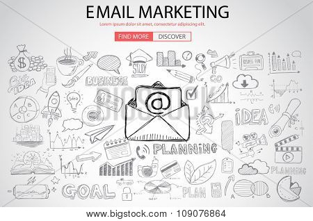 Email Marketing with Doodle design style :sending visual emails, promotions, creative designs. Modern style illustration for web banners, brochure and flyers.