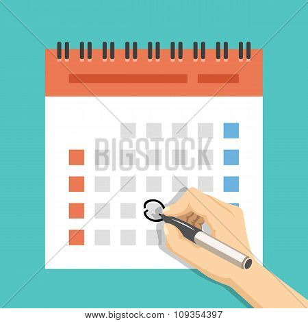 Hand with pen mark calendar. US version with week started on Sunday. Flat vector illustration