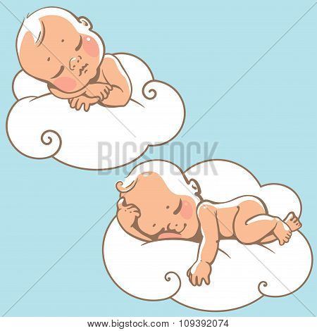 Two cute little babies sleeping on white cloud.