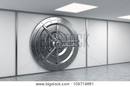 3D Rendering Of A Big Locked Round Metal Safe In A Bank Depository,  A Concept Of Security