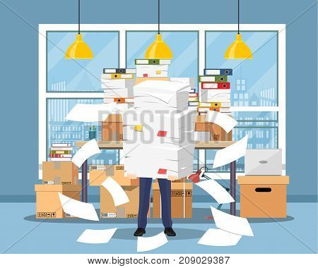 Stressed businessman holds pile of office papers and documents. Office documents heap. Routine, bureaucracy, big data, paperwork, office. Vector illustration in flat style