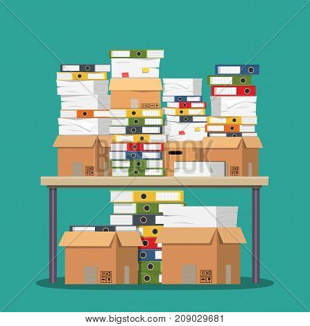 Pile of paper documents and file folders on table. Pile of papers. Office documents heap. Routine, bureaucracy, big data, paperwork, office. Vector illustration in flat style