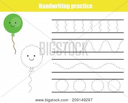 Handwriting practice sheet. Educational children game, printable worksheet for kids. Writing training printable worksheet with waves and balloon