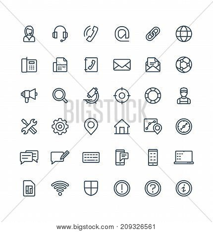 Vector thin line icons set and graphic design elements. Illustration with contact us, technical support service outline symbols. Communication, client call, envelope, customer care linear pictogram