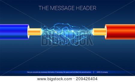 Electric cable with sparks. Horizontal design for presentation, posters, cover art, banners or advertising. Copper electrical cable in colored insulation and electrical arc between the wires