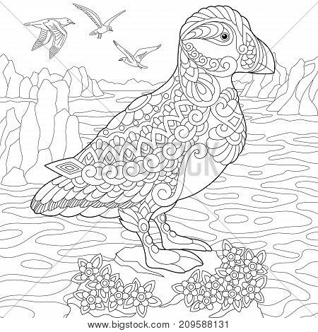 Coloring page of puffin seabird of northern and Arctic waters. Freehand sketch drawing for adult antistress coloring book in zentangle style.