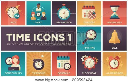 Time icons - modern set of flat design infographics elements. Colorful images of shift, stop watch, due date, hourglass, find time, bell, office hours, time bomb, schedule, clock gear, alarm