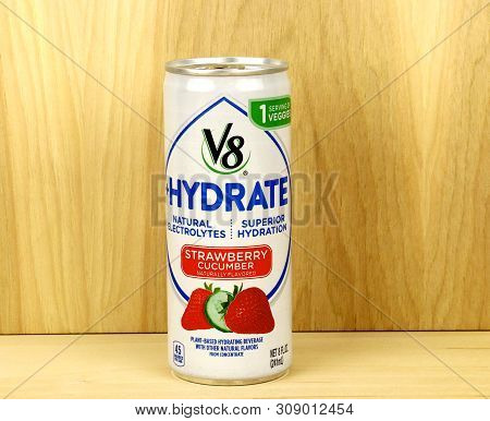 Spencer, Wisconsin, June, 30, 2019    Can Of V8 Hydrate Strawberry Cucumber Flavored Drink  V8 Is A 