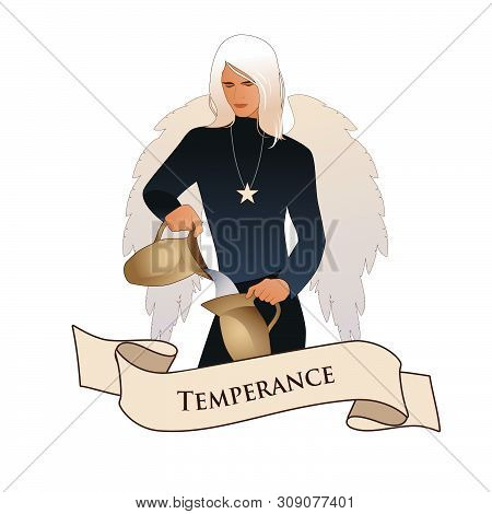 Major Arcana Emblem Tarot Card. Temperance. Angel With Appearance And Clothes Of Young Man, Great Wi