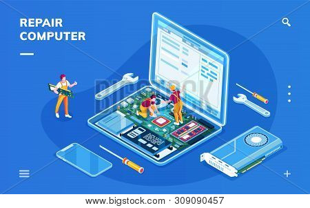 Isometric Screen With Computer Repair Service For Smartphone Application. Isometry Laptop With Servi