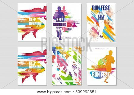 Run Fest Posters Set, Sport And Competition Concept, Running Marathon, Colorful Design Element For C