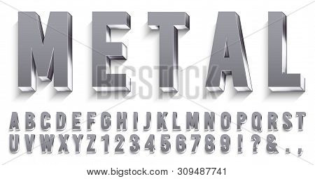 Realistic Metal Font. Shiny Metallic Letters With Shadows, Chrome Text And Metals Alphabet. Credit C