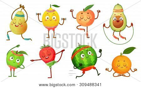 Fruit Characters Yoga. Fruits In Fitness Exercises Poses, Wellness Food And Funny Sport Fruit. Tropi