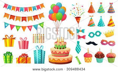 Cartoon Birthday Party Decorations. Gifts Presents, Sweet Cupcakes And Celebration Cake. Colorful Ba