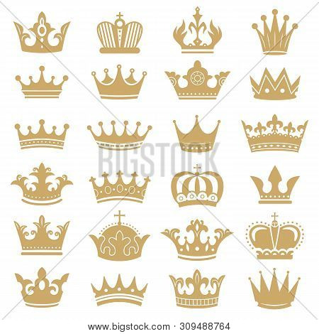 Gold Crown Silhouette. Royal Crowns, Coronation King And Luxury Queen Tiara Silhouettes. Golden Mona