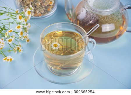 Glass Of Healthy Herbal Camomille Tea. Naturopathy. Matricaria Chamomilla.