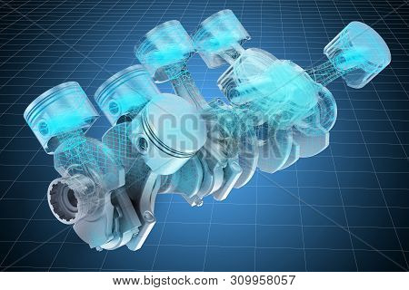 Visualization 3d Cad Model Of V8 Engine Pistons, Blueprint. 3d Rendering