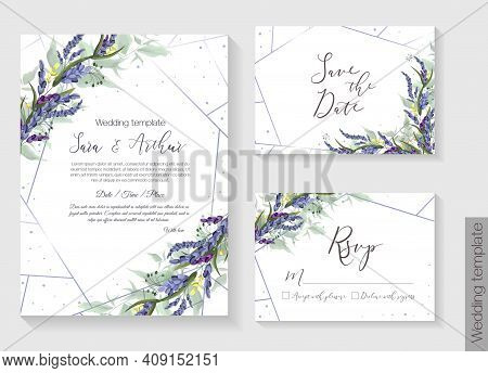 Floral Vector Template For Wedding Invitation. Lavender, Green Leaves. Vector Invitation Set: Square