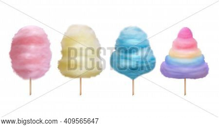 Cotton Candy. Sugaring Delicious Food For Kids Sweet Dessert Products Decent Vector Realistic Cotton