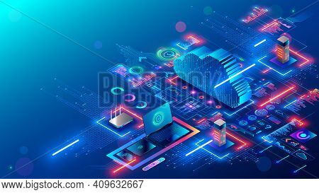 Cloud Technology. Cloud Computing. Devices Connected To Digital Storage In Data Center Via Internet.