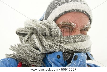 man in winter storm