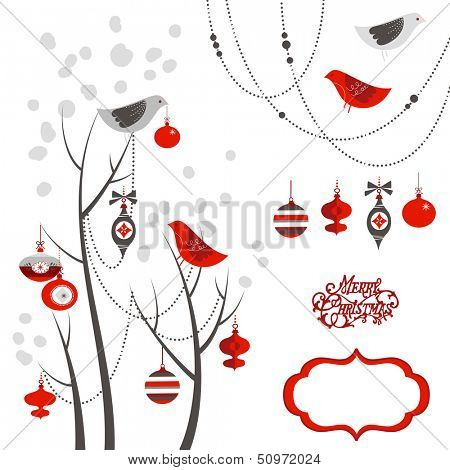 Retro Christmas card with two birds, white snowflakes, winter trees and baubles 