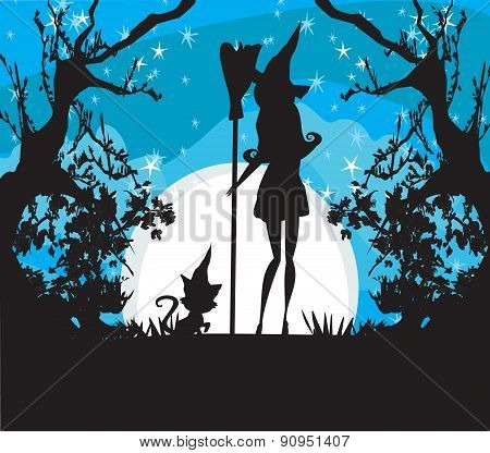 Witch With A Broom And A Cat