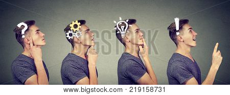 Emotional intelligence. Side view sequence of a man thoughtful thinking finding solution with gear mechanism question exclamation lightbulb symbols. Human face expression