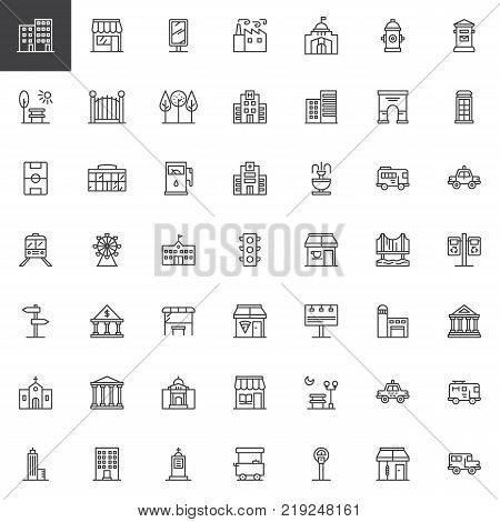 City buildings and transportation line icons set, outline vector symbol collection, linear style pictogram pack. Signs, logo illustration. Set includes icons as hospital building, hotel, factory, park