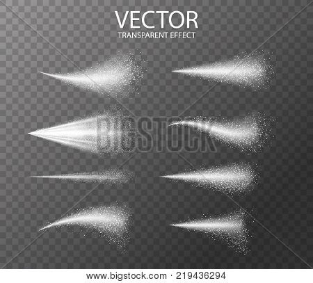 Water spray white smoke or fog dust and dots, mist of atomizer. Trigger Sprayer effect with spray or stream nozzles , cosmetic design. Abstract dots clouds, blizzard . 3d elements  vector illustration.