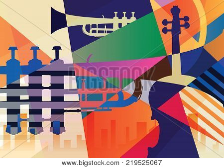 Abstract Jazz Art, Music instruments, Trumpet contrabass saxophone