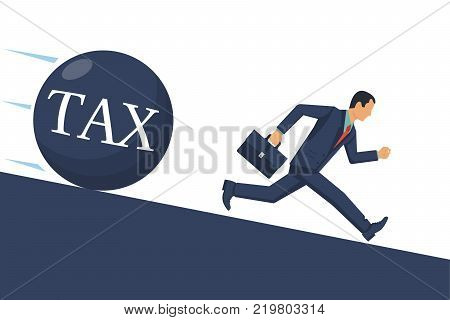 Tax concept. Businessman runs away from big tax. Financial crisis, economic depression, crash financial. Vector illustration flat design. Isolated on white background. Cartoon business people.