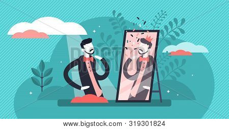 Narcissistic Vector Illustration. Flat Tiny Self Love Behavior Person Concept. Ego Confidence And Eg