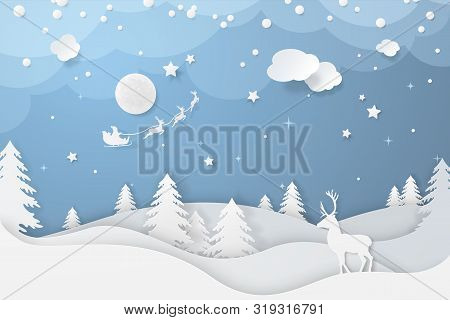 Vector Winter Night Scene In Paper Cut Style With Fir Trees, Stars, Deers And Santa's Sleigh Flying 